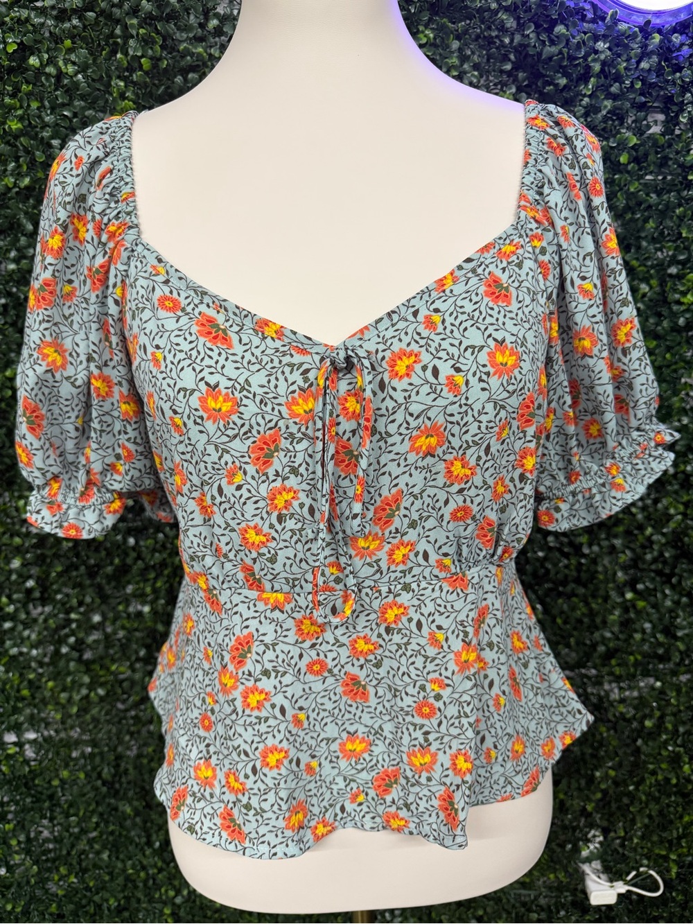 Floral Tie-Front Peplum Top - Blue with Orange Floral